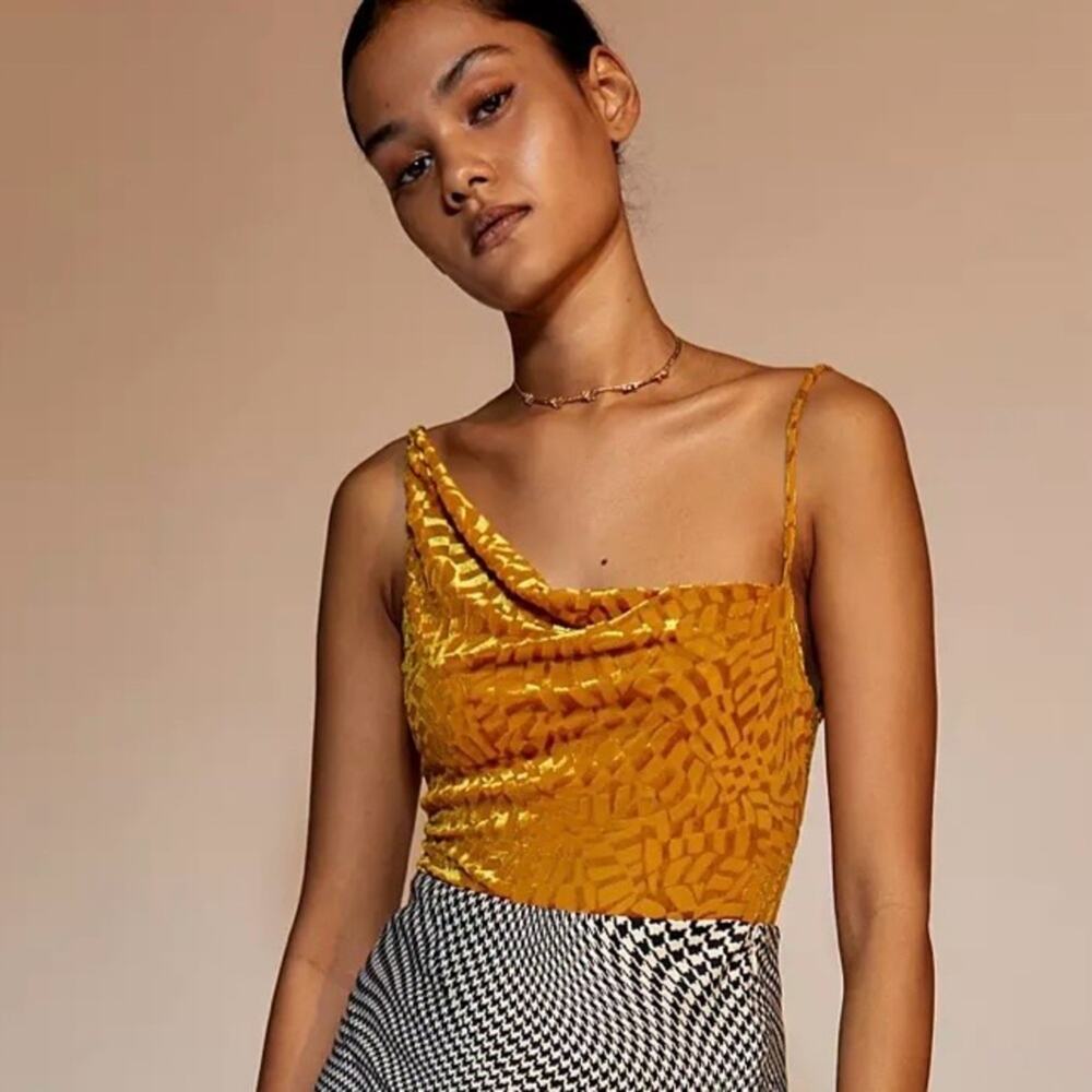 Urban Outfitters | Out From Under gold velvet mesh asymmetrical bodysuit medium